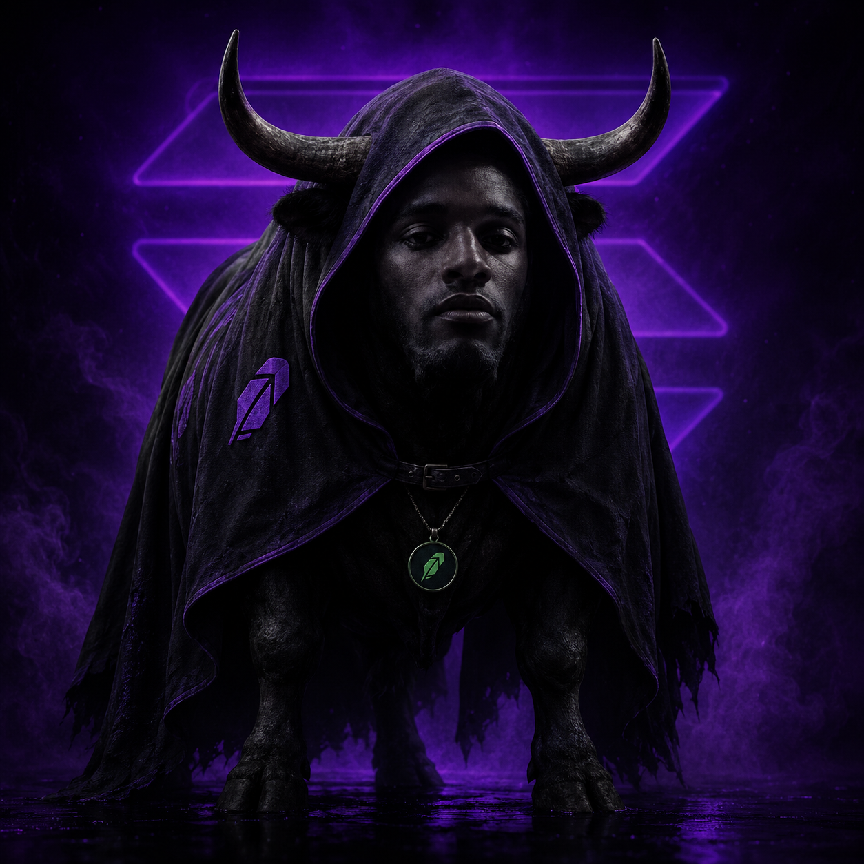 HOODBULL — Ansem The Black Bull in a hooded Robinhood cloak before a glowing Solana logo